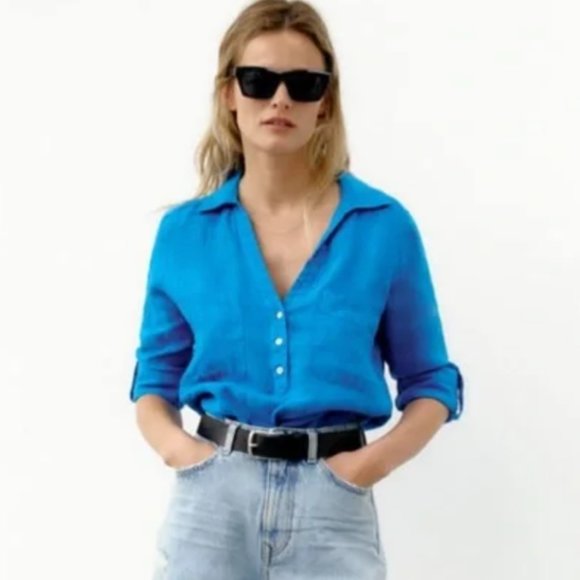 Zara 100% Linen V-Neck Button-up Pockets Long Convertible Sleeve Shirt Size M - Picture 10 of 11